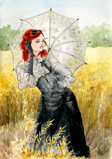 Malerei mit dem Titel "Miss Steampunk" von Julien Cachemaille, Original-Kunstwerk, Aquarell