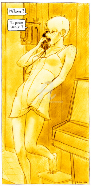 Disegno intitolato "Frida au téléphone" da Julien Cachemaille, Opera d'arte originale, Grafite