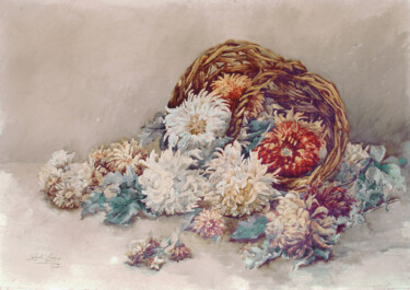 Painting titled "Chrysanthèmes" by Juliette Goury, Original Artwork, Watercolor Mounted on Wood Panel