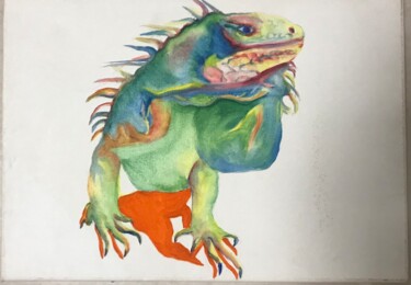 Peinture intitulée "Iguane techinicolore" par Juliette Rousseau, Œuvre d'art originale, Huile