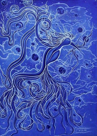 Painting titled "L'OISEAU BLEU" by J.Villar, Original Artwork