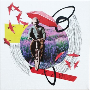 Collages intitulée "A bicyclette" par Julie Verhague, Œuvre d'art originale, Collages Monté sur Châssis en bois