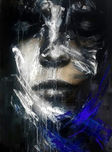 Painting titled "Portrait dark blue" by Julijana Voloder, Original Artwork, Acrylic