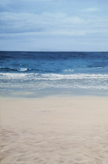 Painting titled "Ocean Stillness" by Julija Usoniene, Original Artwork, Oil Mounted on Wood Stretcher frame