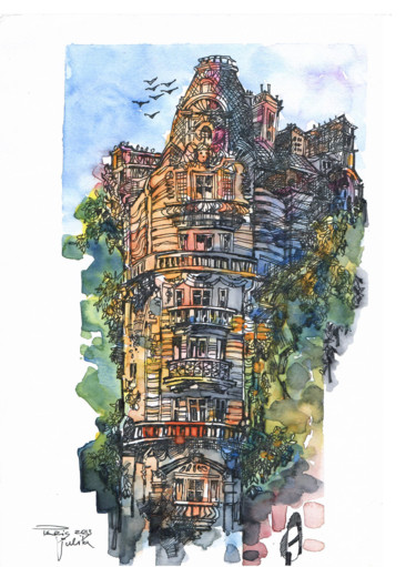 Pittura intitolato "Street in Paris Mon…" da Julika Fero, Opera d'arte originale, Acquarello