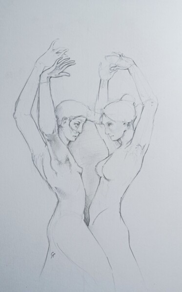 Рисунок под названием "Dos mujeres bailando" - Julio Cesar Garcia Garnateo, Подлинное произведение искусства, Карандаш