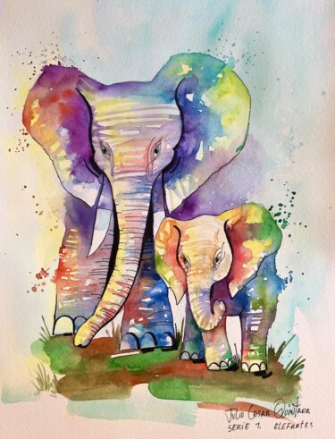 Peinture intitulée "Elefantes en Armonía" par Julio Cesar Quintana Borroto, Œuvre d'art originale, Aquarelle
