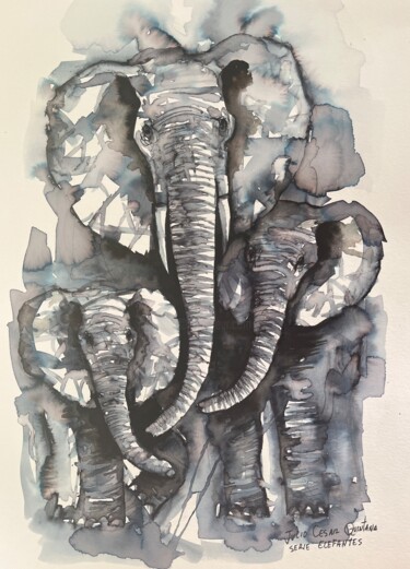 Painting titled "Familia elefantes n…" by Julio Cesar Quintana Borroto, Original Artwork, Watercolor