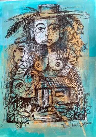 Картина под названием "Guardiana de Amor" - Julio Cesar Quintana Borroto, Подлинное произведение искусства, Чернила