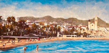 Painting titled "Marina de Sitges: B…" by Julio Cesar Quintana Borroto, Original Artwork, Oil Mounted on Wood Stretcher frame