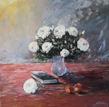 Painting titled "Rosas brancas" by Julio Cesar, Original Artwork, Acrylic