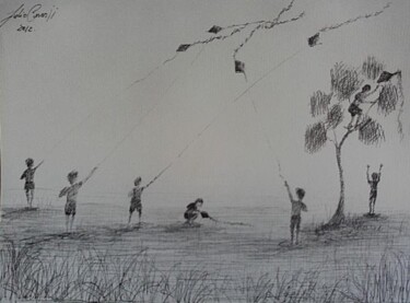 Dibujo titulada "Meninos soltando pi…" por Julio Cesar, Obra de arte original, Tinta