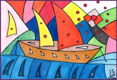 Schilderij getiteld "Barcos ao navegar" door Julio Silva, Origineel Kunstwerk, Aquarel