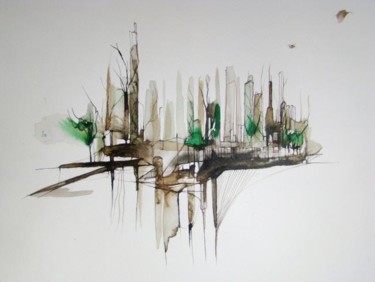 Painting titled "Green city" by Julien Jomard, Original Artwork, Oil