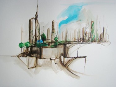 Painting titled "Green city2" by Julien Jomard, Original Artwork, Oil
