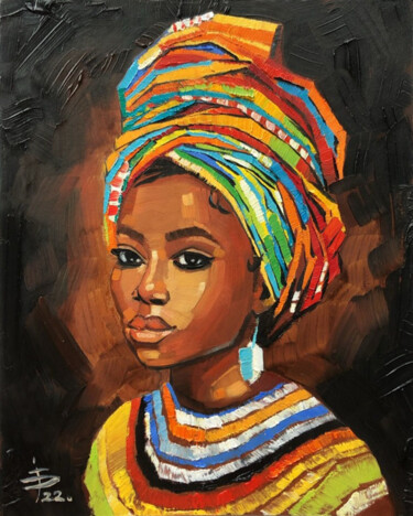 Painting titled "African Queen Woman" by Juliya Fedotova, Original Artwork, Oil Mounted on Cardboard