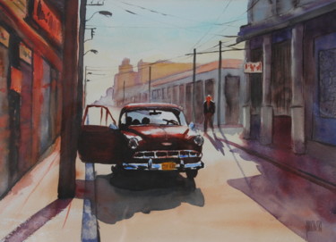 Malerei mit dem Titel "CUBA - Voiture rouge" von Julkowski, Original-Kunstwerk, Aquarell