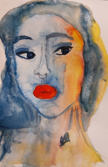 Pintura intitulada "Lipstick" por July, Obras de arte originais, Aquarela