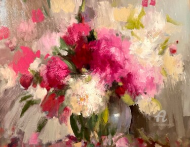 Painting titled "Peonies" by Julya Moiseeva (FREYA MOZES), Original Artwork, Oil