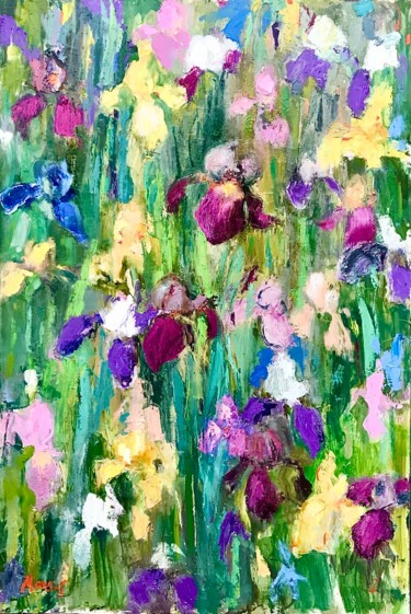 Painting titled "Irises" by Julya Moiseeva (FREYA MOZES), Original Artwork, Oil