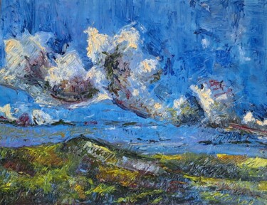 Painting titled "Nuvens sobre colina" by Junio Oliveira, Original Artwork, Oil Mounted on Wood Stretcher frame