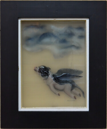 Painting titled "a flying pig" by Junyi Wang, Original Artwork, Oil Mounted on Wood Panel