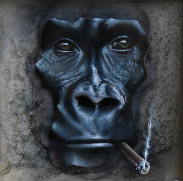 Schilderij getiteld "抽雪茄的你" door Junyi Wang, Origineel Kunstwerk, Olie