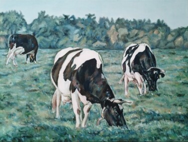 Painting titled "Three Cows" by Jura Kuba ~ Art, Original Artwork, Oil Mounted on Wood Stretcher frame