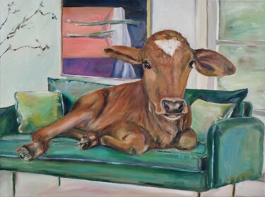 Painting titled "Brown Cow At Home" by Jura Kuba ~ Art, Original Artwork, Oil Mounted on Wood Stretcher frame