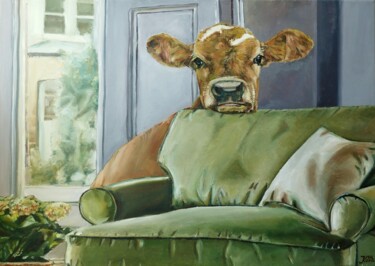 Painting titled "Hortensia, The Cow…" by Jura Kuba ~ Art, Original Artwork, Oil Mounted on Wood Stretcher frame