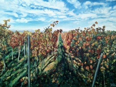Painting titled "Vineyards in Autumn" by Jura Kuba, Original Artwork, Oil Mounted on Wood Stretcher frame