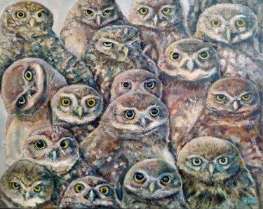Painting titled "Owls. Birds Art" by Jura Kuba, Original Artwork, Oil Mounted on Wood Stretcher frame