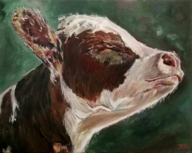 Painting titled "Cow's Profile" by Jura Kuba, Original Artwork, Oil Mounted on Wood Stretcher frame