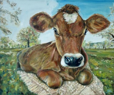 Painting titled "Cow On The Blanket" by Jura Kuba, Original Artwork, Oil Mounted on Wood Stretcher frame