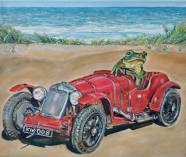 Painting titled "Frog, The Traveller…" by Jura Kuba, Original Artwork, Oil Mounted on Wood Stretcher frame