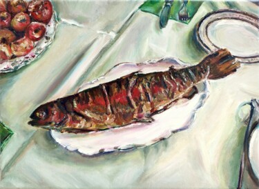 Painting titled "Smoked Fish, Still…" by Jura Kuba, Original Artwork, Oil Mounted on Wood Stretcher frame