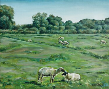 Painting titled "Sheep Meadow. Lands…" by Jura Kuba, Original Artwork, Oil Mounted on Wood Stretcher frame