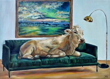 Painting titled "Cow At Home" by Jura Kuba, Original Artwork, Oil Mounted on Wood Stretcher frame
