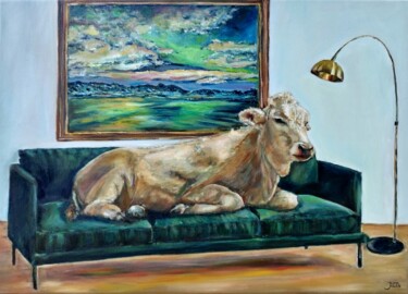 Schilderij getiteld "Cow At Home" door Jura Kuba, Origineel Kunstwerk, Olie Gemonteerd op Frame voor houten brancard