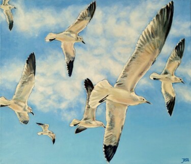 「Seagulls」というタイトルの絵画 Jura Kubaによって, オリジナルのアートワーク, オイル ウッドストレッチャーフレームにマウント