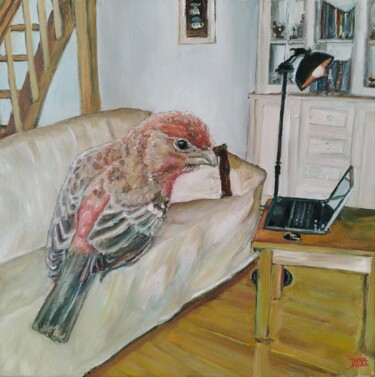 Painting titled "Bird At Home. Funny…" by Jura Kuba, Original Artwork, Oil Mounted on Wood Stretcher frame