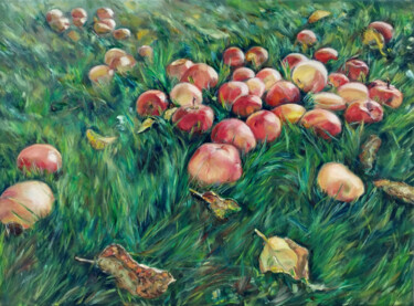 Painting titled "Apples On The Grass" by Jura Kuba, Original Artwork, Oil Mounted on Wood Stretcher frame