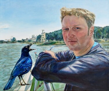 Malerei mit dem Titel "Portrait With A Blu…" von Jura Kuba, Original-Kunstwerk, Öl Auf Keilrahmen aus Holz montiert