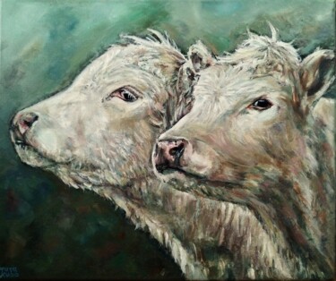 Painting titled "Portrait of Two Cows" by Jura Kuba, Original Artwork, Oil Mounted on Wood Stretcher frame