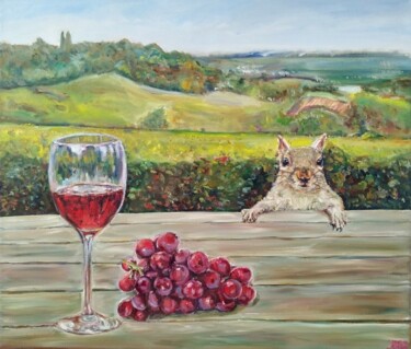 Painting titled "Squirrel At The Vin…" by Jura Kuba, Original Artwork, Oil Mounted on Wood Stretcher frame