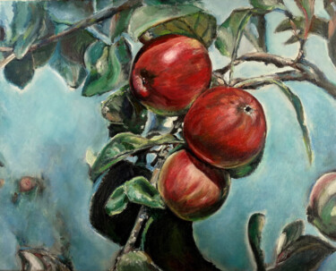Painting titled "Red Apples On The T…" by Jura Kuba, Original Artwork, Oil Mounted on Cardboard