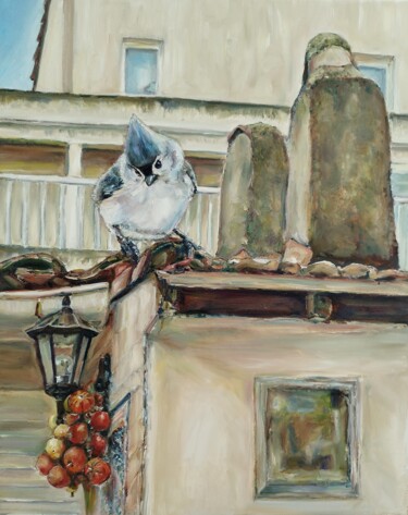 Painting titled "Bird On The Roof. C…" by Jura Kuba, Original Artwork, Oil Mounted on Wood Stretcher frame