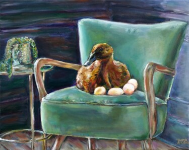 Painting titled "Duck At Home. Bird…" by Jura Kuba, Original Artwork, Oil Mounted on Wood Stretcher frame