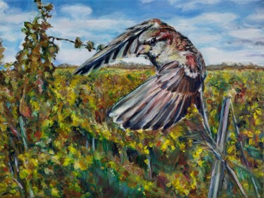 Painting titled "Sparrow At Vineyard…" by Jura Kuba, Original Artwork, Oil Mounted on Wood Stretcher frame