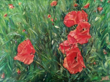 Painting titled "Poppies In The Mead…" by Jura Kuba, Original Artwork, Oil Mounted on Wood Stretcher frame